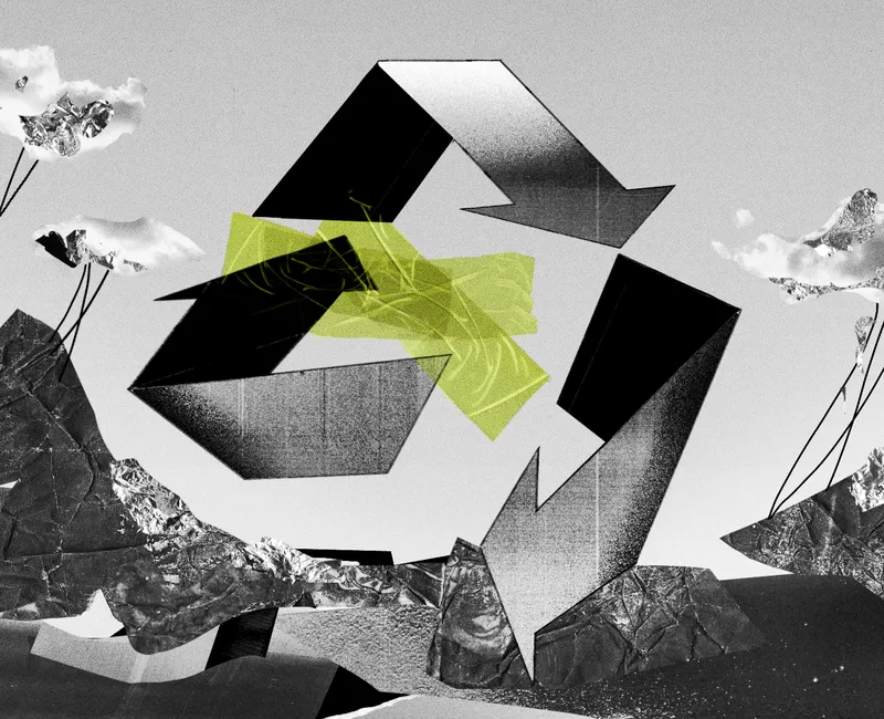 Recycling symbol with an arrow breaking away from the cycle. Green tape sticking on top of the symbol. Backdrop of wasteland and clouds tied to the ground, overlaid with gold foil.