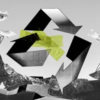 Recycling symbol with an arrow breaking away from the cycle. Green tape sticking on top of the symbol. Backdrop of wasteland and clouds tied to the ground, overlaid with gold foil.