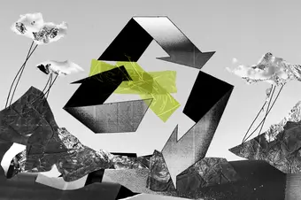 Recycling symbol with an arrow breaking away from the cycle. Green tape sticking on top of the symbol. Backdrop of wasteland and clouds tied to the ground, overlaid with gold foil.