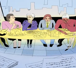 Group of people in office sitting around a long table eating a meal. In the foreground, pen and paper are laid on a table.