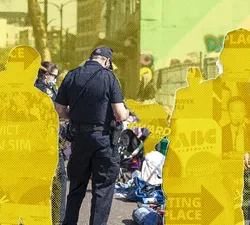 A collage showing a cop, the silhouettes of other individuals and cut outs of campaign material