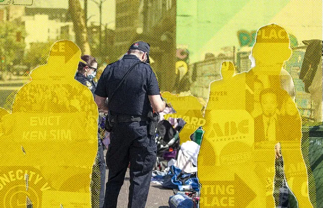 A collage showing a cop, the silhouettes of other individuals and cut outs of campaign material