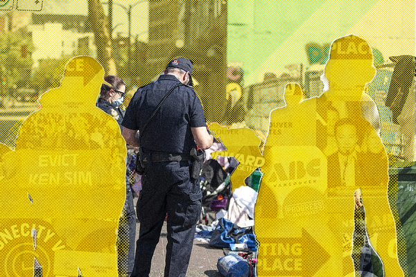 A collage showing a cop, the silhouettes of other individuals and cut outs of campaign material