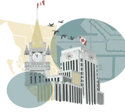 An illustration featuring the Vancouver City Hall and a close-up drawing of the top of the Parliament of Canada, with a yellow outline of British Columbia and a blue outline of the City of Vancouver overlayed in the background.