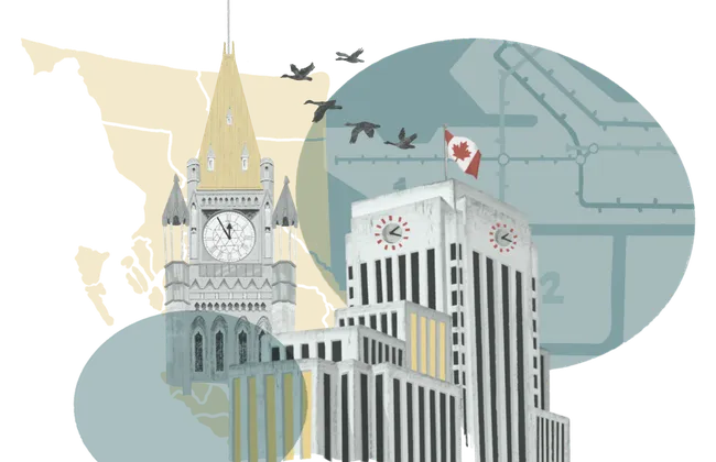 An illustration featuring the Vancouver City Hall and a close-up drawing of the top of the Parliament of Canada, with a yellow outline of British Columbia and a blue outline of the City of Vancouver overlayed in the background.