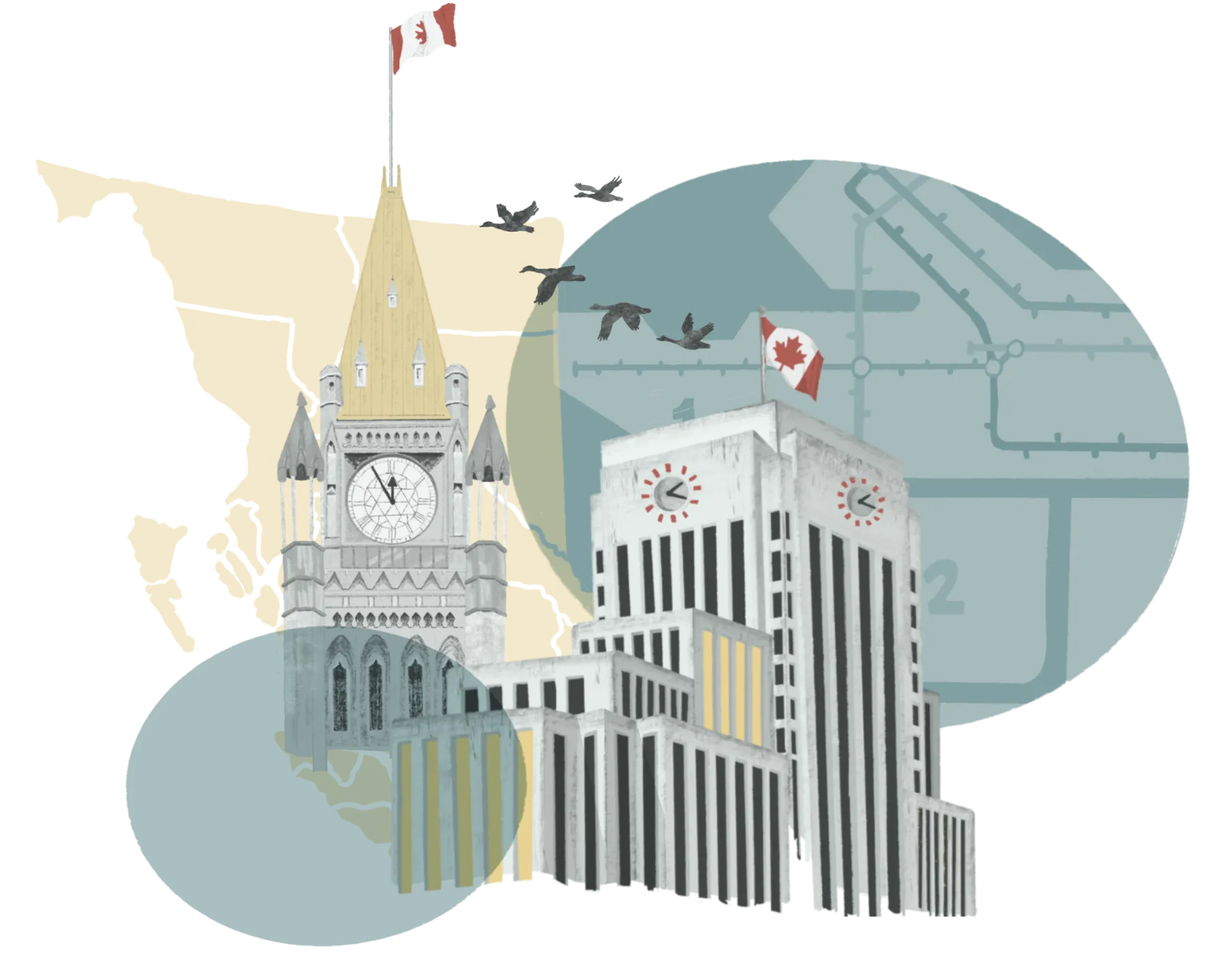 An illustration featuring the Vancouver City Hall and a close-up drawing of the top of the Parliament of Canada, with a yellow outline of British Columbia and a blue outline of the City of Vancouver overlayed in the background.