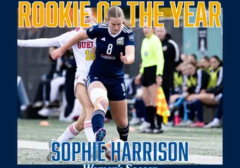 A graphic showing that Sophie Harrison from Women's Soccer is the Rookie of the Year.