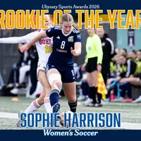 A graphic showing that Sophie Harrison from Women's Soccer is the Rookie of the Year.