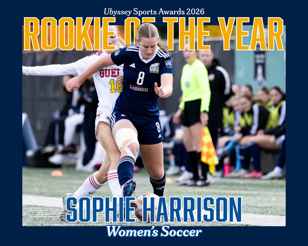 A graphic showing that Sophie Harrison from Women's Soccer is the Rookie of the Year.
