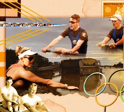 Collage of Max Lattimer, Kristina Walker, 1956 Men’s Coxless Four, and Olympic rings.