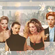 A collage of the four women of HBO show Sex and the City, set on a backdrop of New York City, with fireworks.