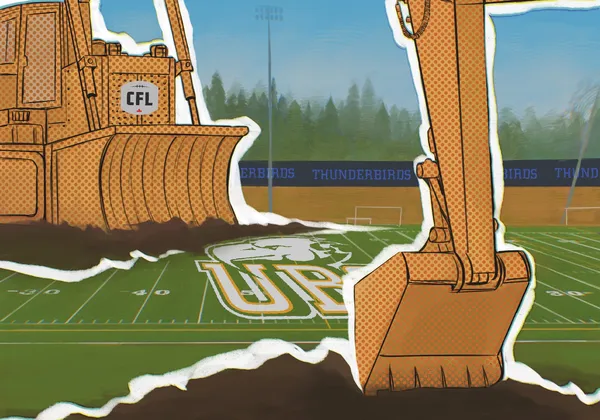 The UBC thunderbird stadium field with a bulldozer labelled CFL digging up dirt