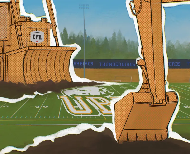 Illustration by Seneesha Ekanayake

ALT: The UBC thunderbird stadium field with a bulldozer labeled CFL digging up dirt