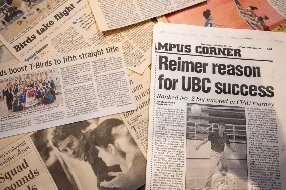 A collage of newspaper clippings all related to Reimer's time with the Thunderbirds.