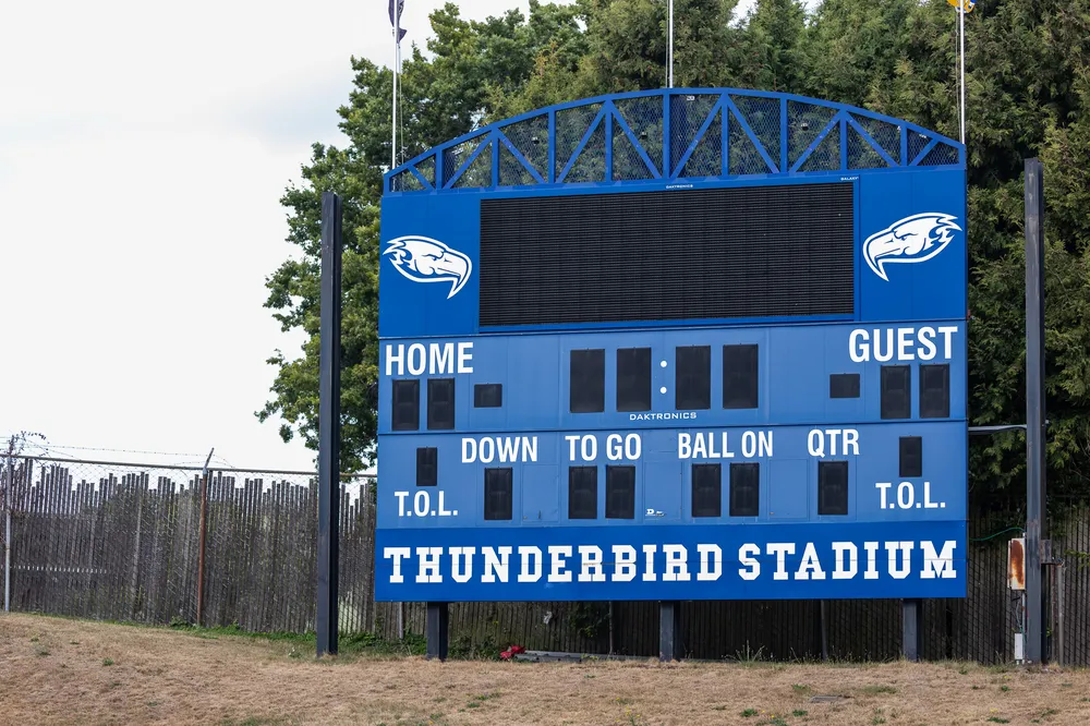The scoreboard at Thunderbird Stadium