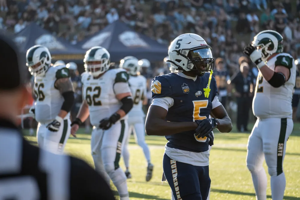 Defensive back Jehovany Batalonga (#5) prepares for the next play during the first quarter.
