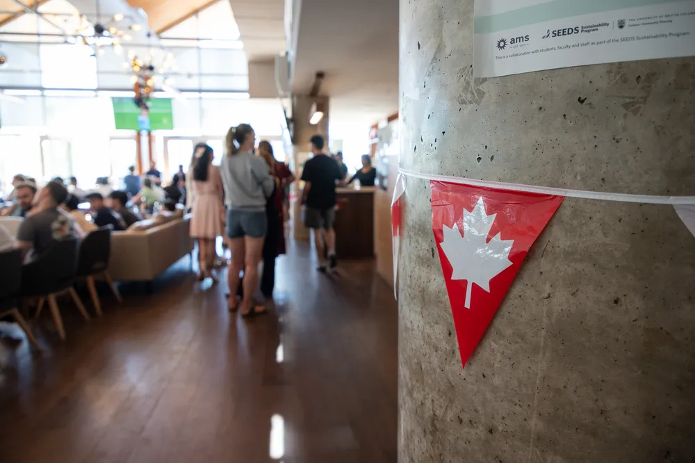 A maple leaf pennant hangs on the wall in the Gallery, one of many World Cup decorations.