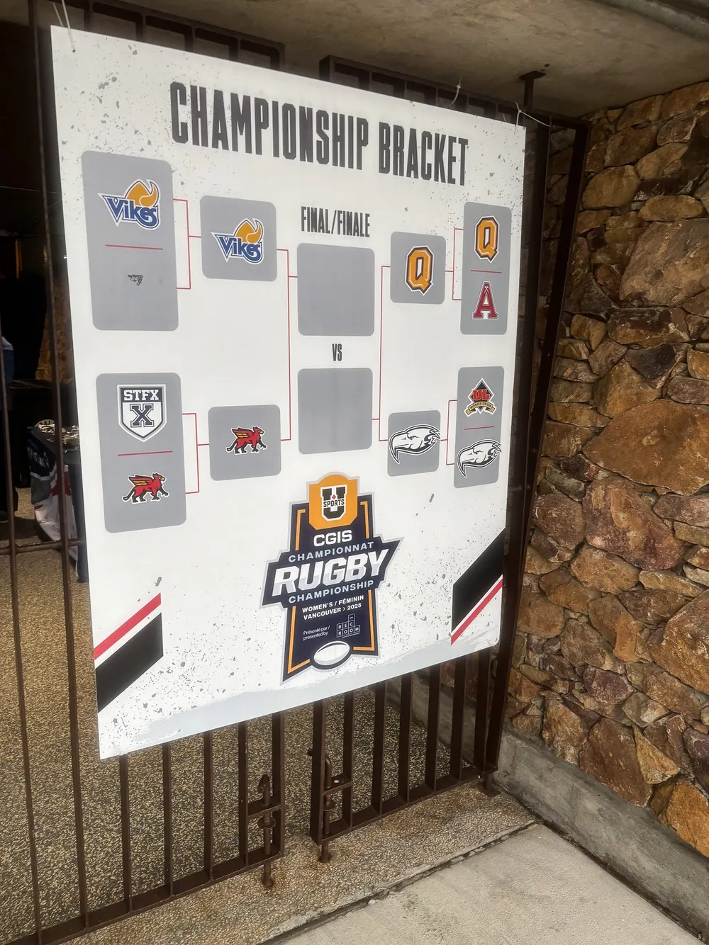A poster board with a bracket for the U Sports Women's Rugby Championship, only displaying the main tournament.