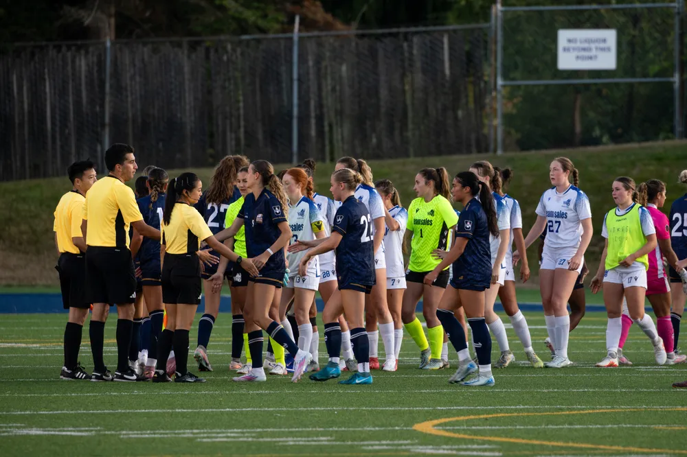 The two teams shake hands post-game.