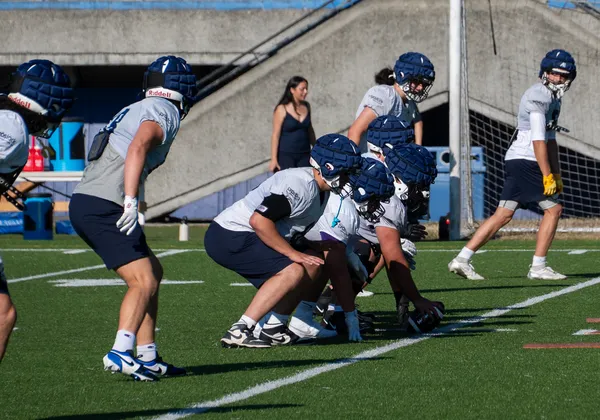 The offence lines up in practice at Thunderbird Stadium