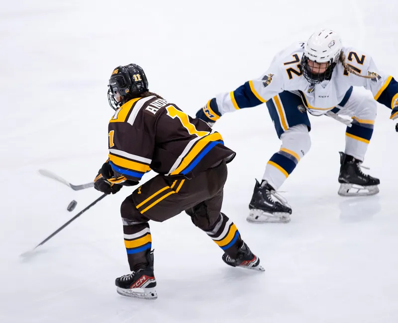 A UBC player holds onto a stick and handles the puck.