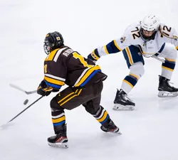 A UBC player holds onto a stick and handles the puck.