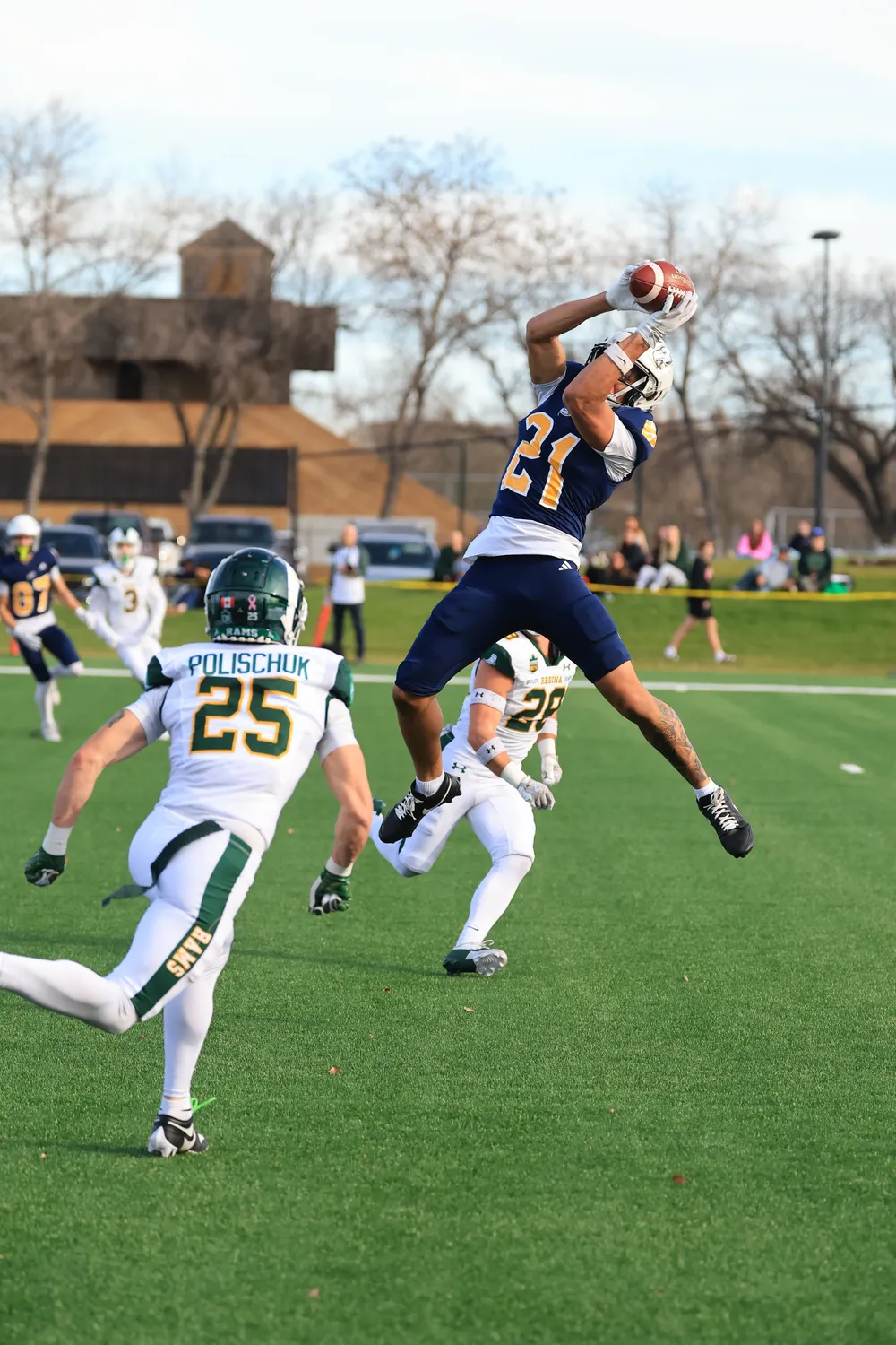 Montour jumps up to catch a touchdown against Regina, with two corners on the ground beside him.