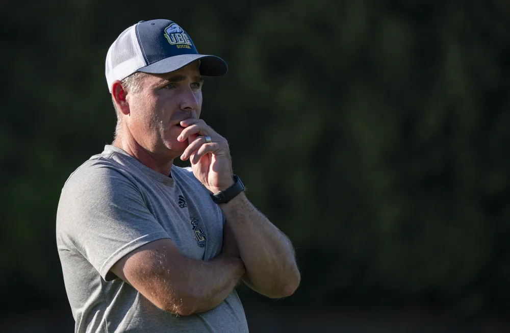 Symons stands at the ready at a practice.