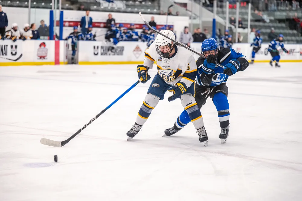 Morris fends off a Montreal player while keeping the puck on her stick.