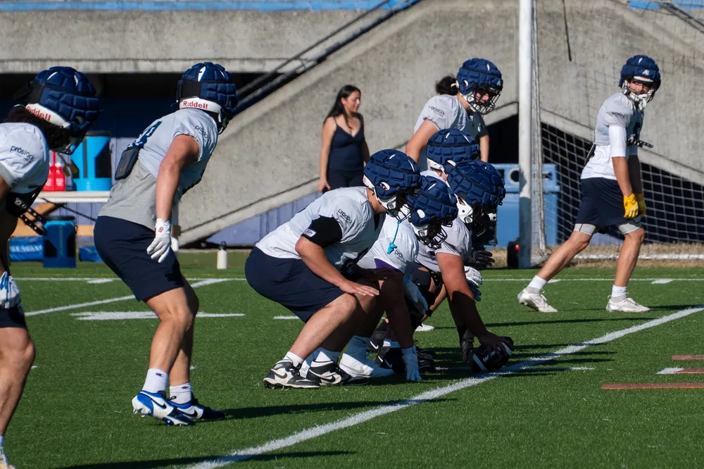 The offence lines up in practice at Thunderbird Stadium