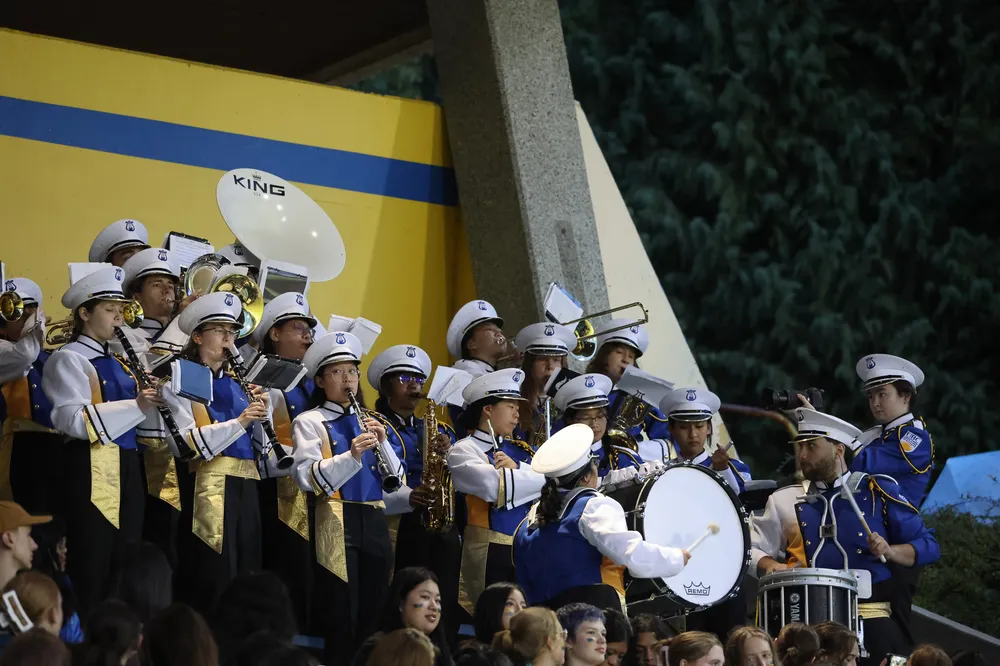 The marching band plays for the Jumpstart crowd.