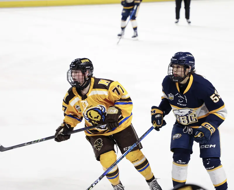 Looking for the puck, both a Manitoba player in yellow and brown and a UBC player in blue and white skate by.