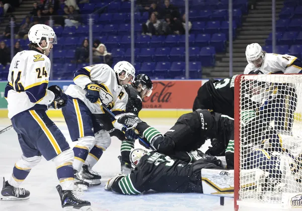 Multiple Huskies, in black and green, and T-Birds, in white and blue, whack at the puck in the Saskatchewan crease.