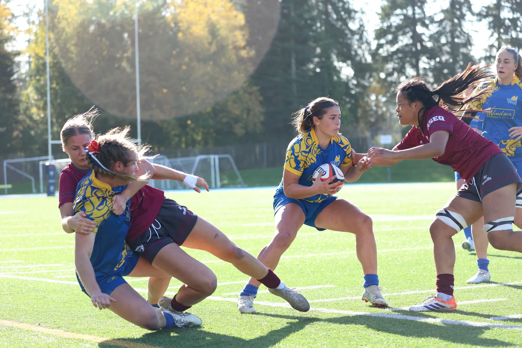 While a Vike in blue and yellow gets tackled by a Gee-Gee in burgundy, another Vike runs with the ball.