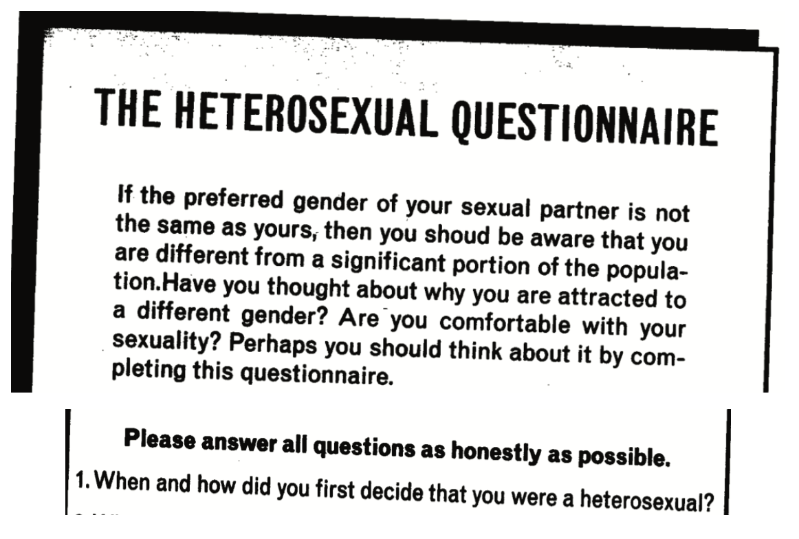 24 years before our 2022 spoof issue Girlbossmopolitan debuted its ‘Are You Straight’ quiz, the Heterosexual Questionnaire poked fun at homophobic tropes.