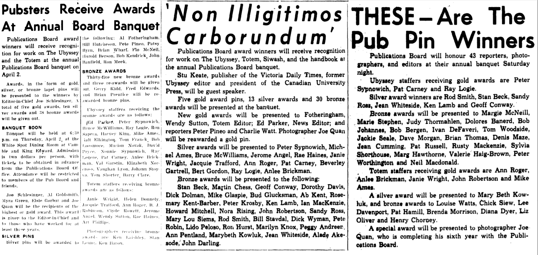 Articles from 1953 (left), 1954 (centre) and 1955 (right) that announce the pubster awards.