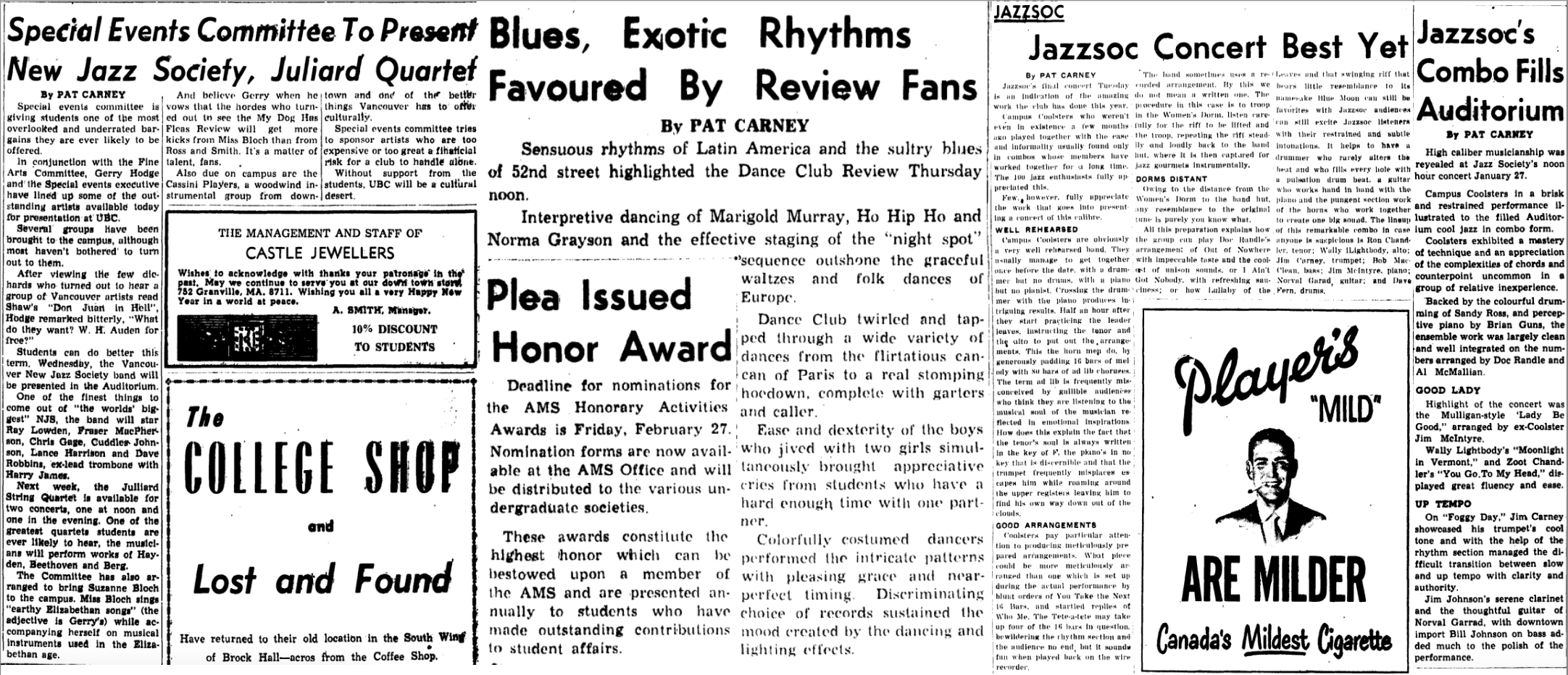 Articles Carney wrote about jazz on campus, dated March 1953 to February 1954.