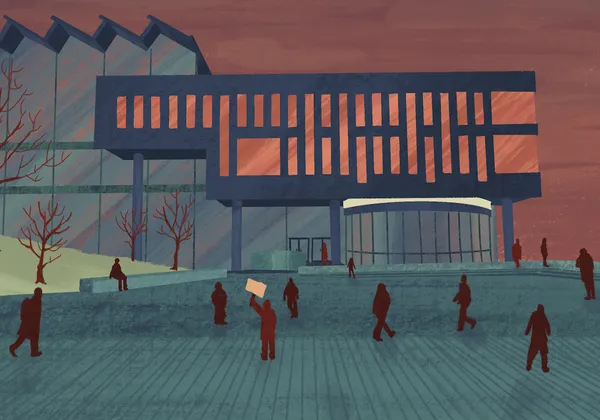 The image shows small people, one of them with a sign, outside the AMS Nest. The themes are dark and the lights within the AMS are an orange/red.