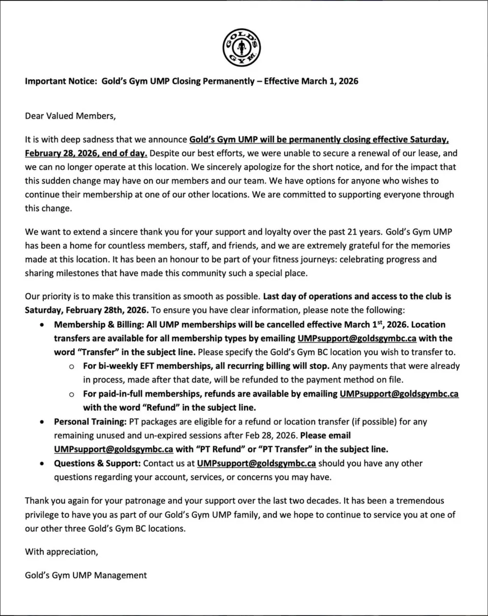 Gold's Gym letter to the public announcing the closing posted to their Instagram on February 28.