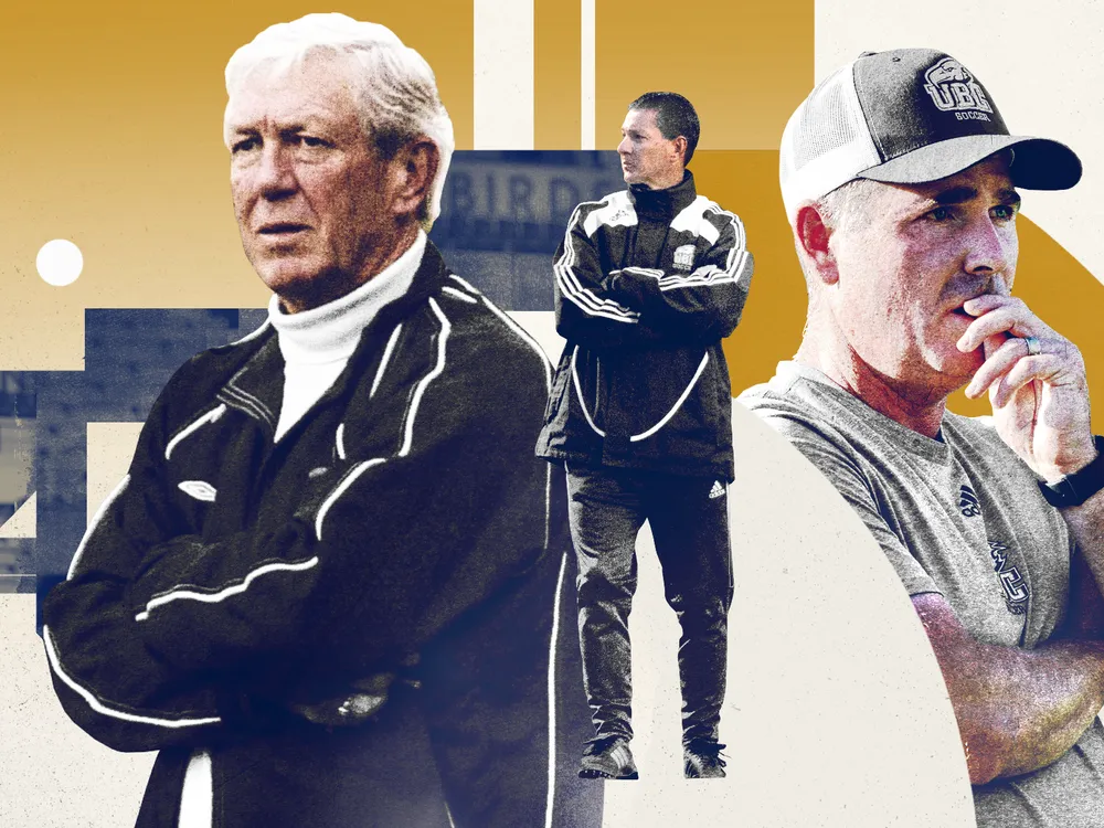 Byline: Collage by Skye Shen / The Ubyssey, photo elements by Jacob Mallari/UBC Thunderbirds, Rich Lam/UBC Thunderbirds, Bob Frid/UBC Thunderbirds.

Alt: Collage of former soccer coach Dick Mosher, Men’s Soccer head coach Mike Mosher, and Women’s Soccer head coach Jesse Symons arranged from left to right. Geometric shapes coloured with T-Birds’ blue and gold in the background. Details of the Thunderbird Stadium is overlayed on top.