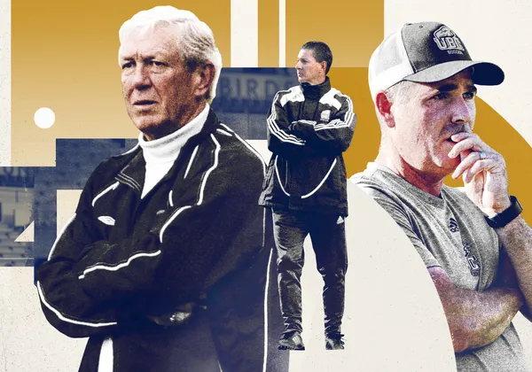 Collage of former soccer coach Dick Mosher, Men’s Soccer head coach Mike Mosher, and Women’s Soccer head coach Jesse Symons arranged from left to right. Geometric shapes coloured with T-Birds’ blue and gold in the background. Details of the Thunderbird Stadium is overlayed on top.
