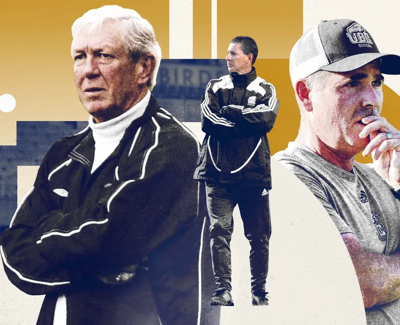 Collage of former soccer coach Dick Mosher, Men’s Soccer head coach Mike Mosher, and Women’s Soccer head coach Jesse Symons arranged from left to right. Geometric shapes coloured with T-Birds’ blue and gold in the background. Details of the Thunderbird Stadium is overlayed on top.