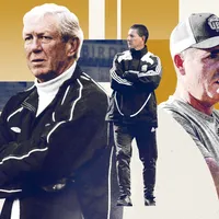 Collage of former soccer coach Dick Mosher, Men’s Soccer head coach Mike Mosher, and Women’s Soccer head coach Jesse Symons arranged from left to right. Geometric shapes coloured with T-Birds’ blue and gold in the background. Details of the Thunderbird Stadium is overlayed on top.