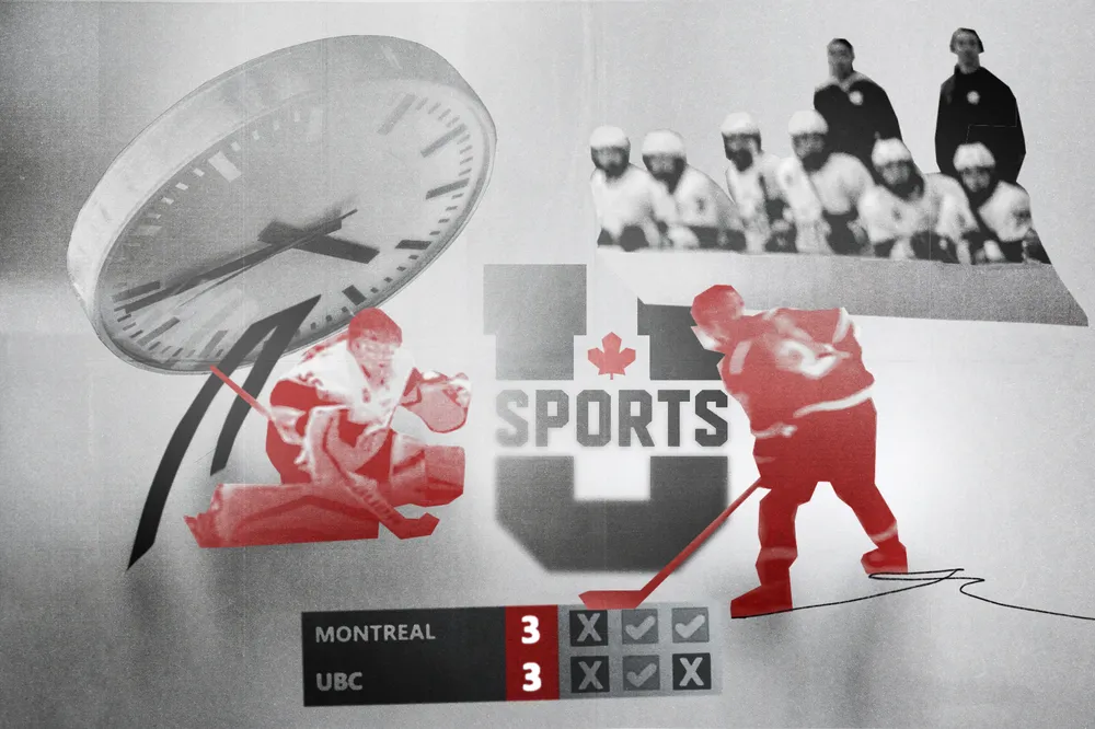 Collage of a women's hockey game during an overtime shootout, with the goalie preparing to block a shot from an advancing player from the opposing team. There is a clock floating behind the goalie, and her teammates are looking on from the stands. A virtual scoreboard shows the results of the shootout between UBC and Montreal, tied 3-3 before the Carabins gained an additional point from the shootout.