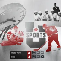 Collage of a women's hockey game during an overtime shootout, with the goalie preparing to block a shot from an advancing player from the opposing team. There is a clock floating behind the goalie, and her teammates are looking on from the stands. A virtual scoreboard shows the results of the shootout between UBC and Montreal, tied 3-3 before the Carabins gained an additional point from the shootout.