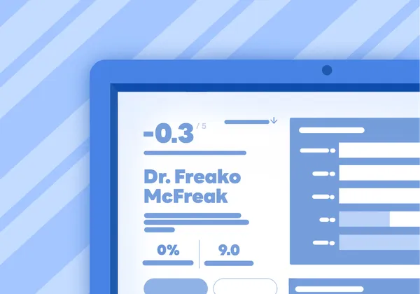 An illustration of the corner of a laptop screen with a Rate My Professors page up. The professor's name is Dr. Freako McFreak and the rating is -0.3 out of 5.