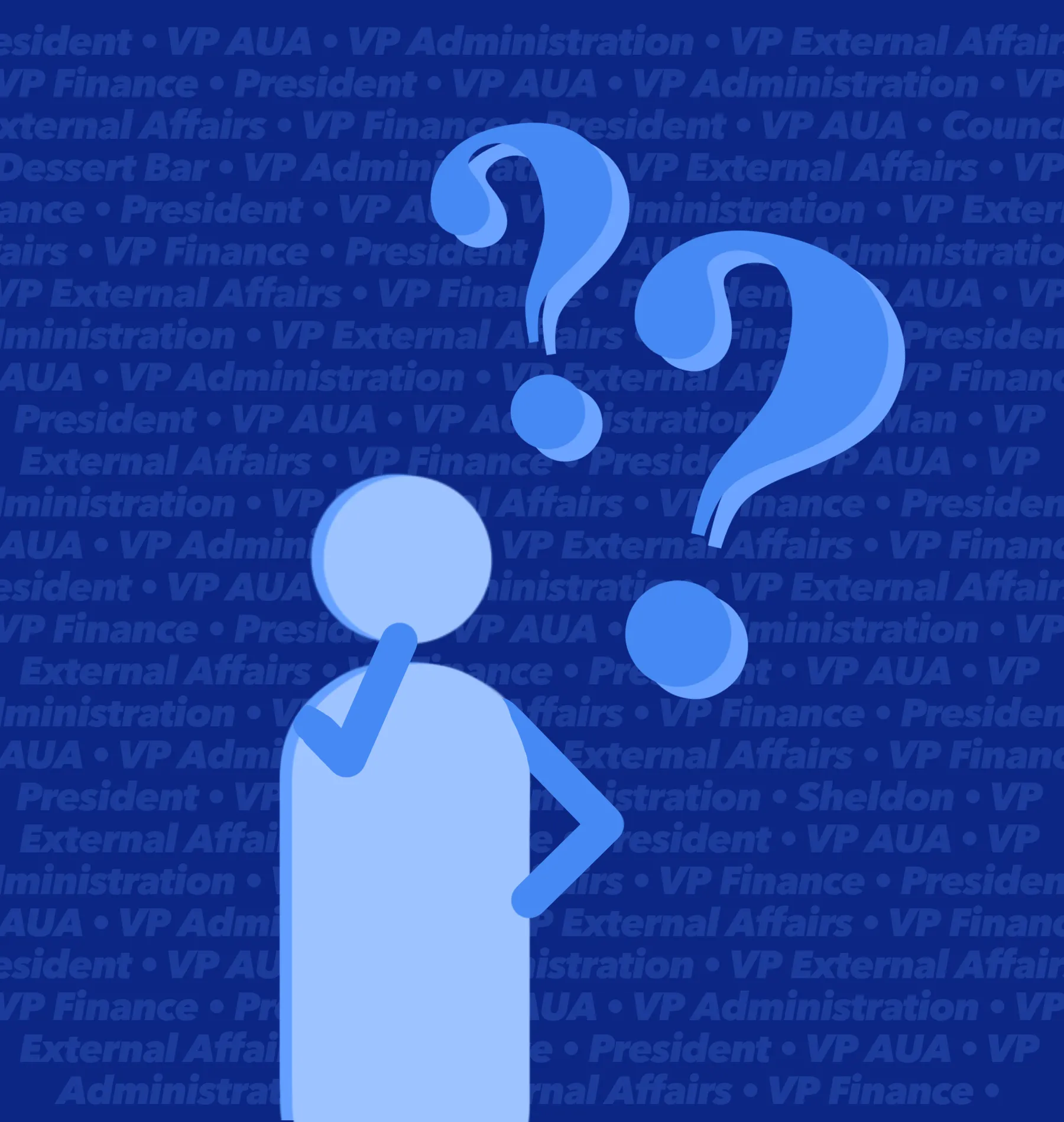 Icon of a person with question marks above their head. AMS positions — President, VP AUA, VP administration, VP external affairs and VP finance — are written faintly in the background.