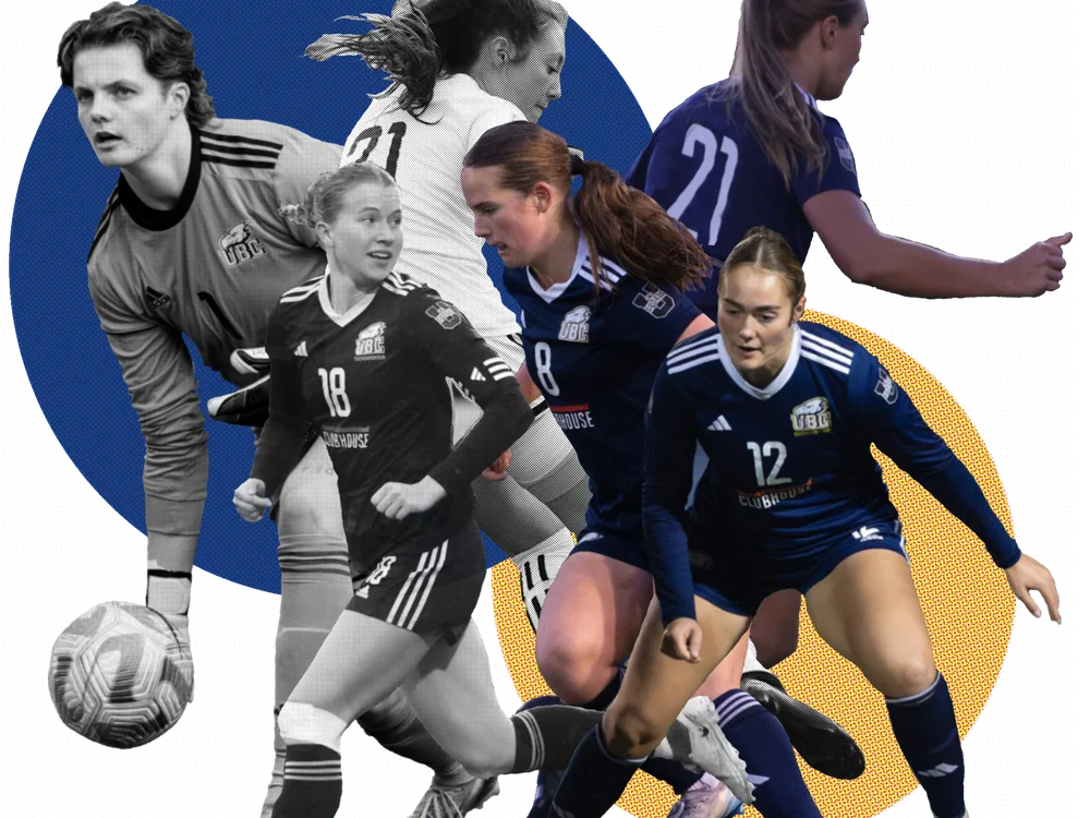 Illustration by Ayla Cilliers / The Ubyssey; photo elements by Chris Piggott / MacEwan Griffins, Dakota Beckett / McMaster University Athletics, Navya Chadha / The Ubyssey, Sidney Shaw / The Ubyssey