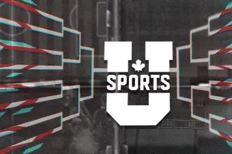 U Sports logo at the centre of a game elimination bracket. The brackets are broken off at the ends. A sports field, a scoreboard and dejected players are present in the background.