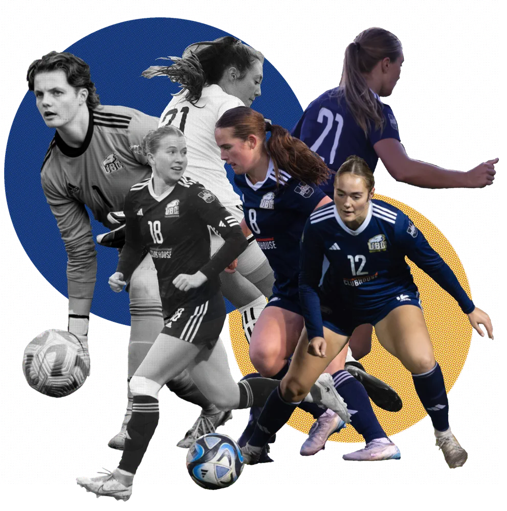 A collage representing UBC's graduating / graduating players (Beckett, Tyrer Sunde) in black and white, and UBC's current, young players in blue jerseys (Apps, Harrison, Clarke)